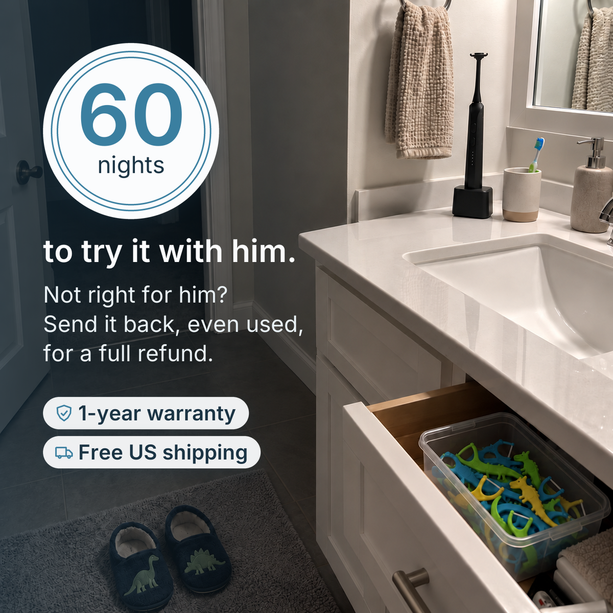STRYN back on its base at night: 60 nights to try it with him, 1-year warranty and free US shipping.